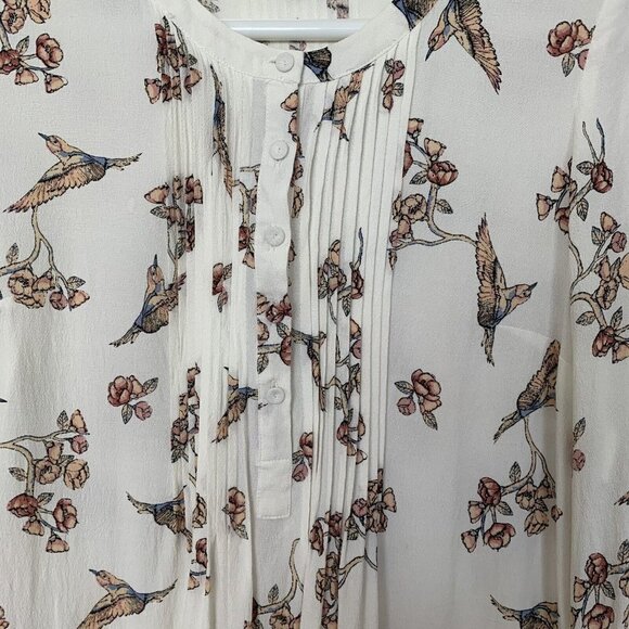 Pale Sky Top Blouse Women XS Hummingbird Floral Tunic Rayon Long Sleeve - Picture 3 of 12